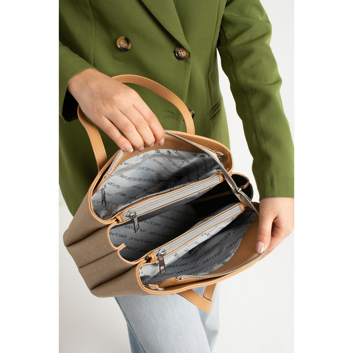 Just Polo Women's Embossed Print Zipper Closure Shoulder and Handbag with Long Adjustable Shoulder Strap Sand - MALLTURK
