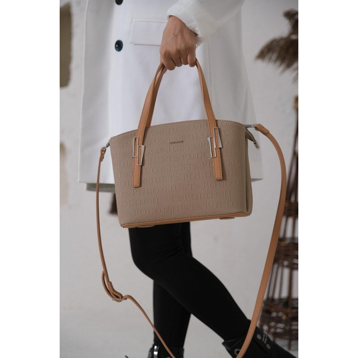 Just Polo Women's Embossed Print Zipper Closure Shoulder and Handbag with Long Adjustable Shoulder Strap Sand - MALLTURK