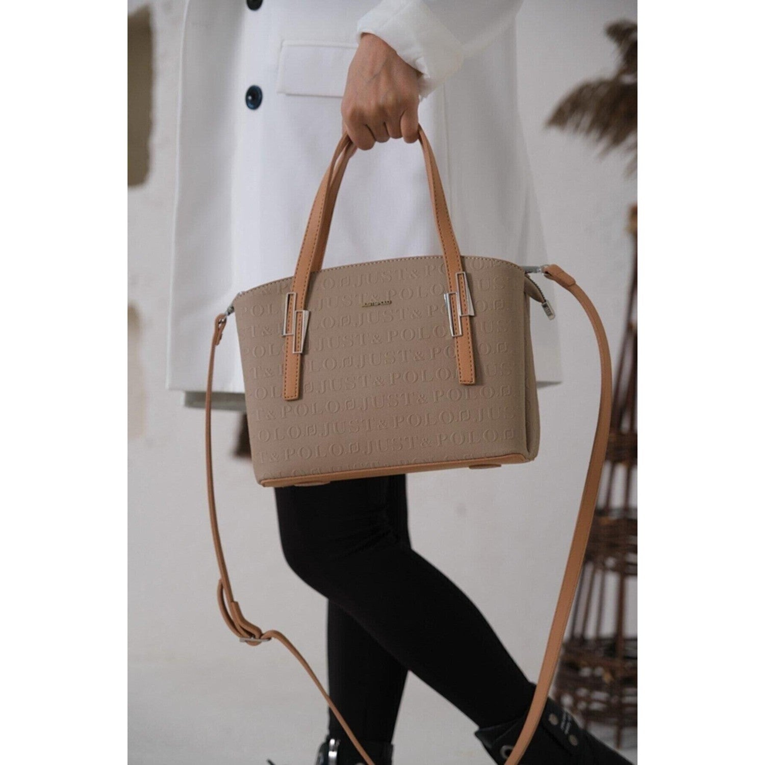 Just Polo Women's Embossed Print Zipper Closure Shoulder and Handbag with Long Adjustable Shoulder Strap Sand - MALLTURK