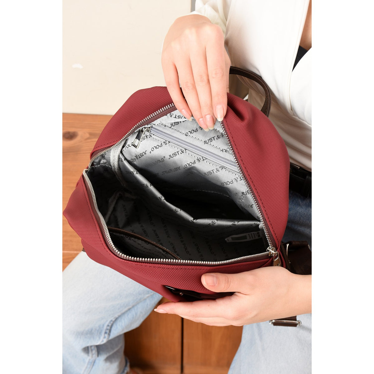 Just Polo Women's Backpack, New Season. Dimensions: Height 31 cm, Width 29 cm. Burgundy - MALLTURK