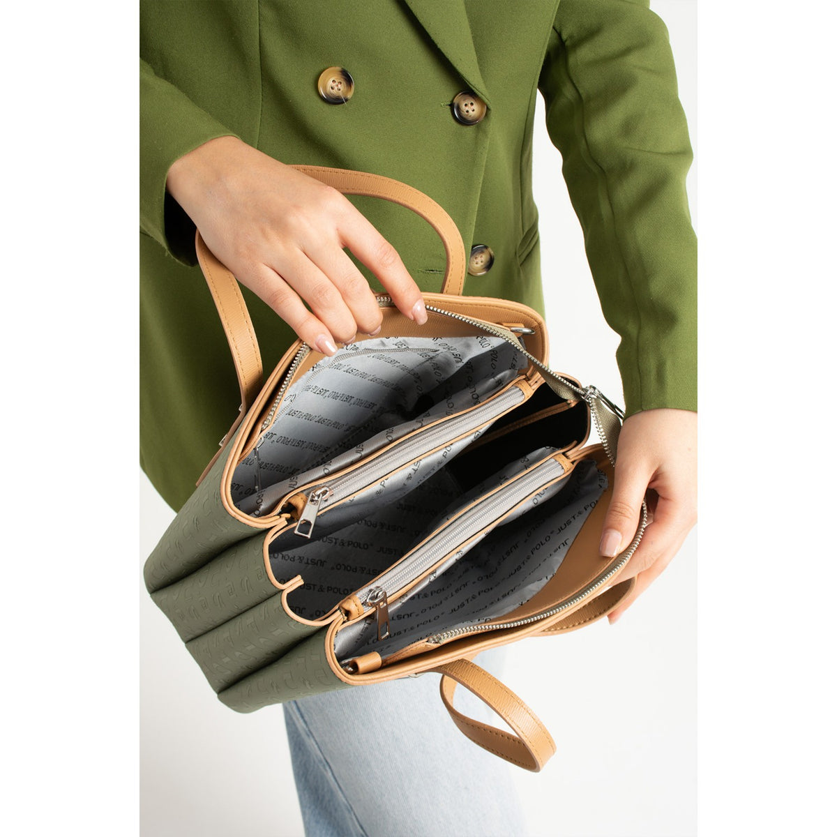 Just Polo Green Women's Embossed Zipper Closure Shoulder and Handbag with Long Adjustable Shoulder Strap Green - MALLTURK