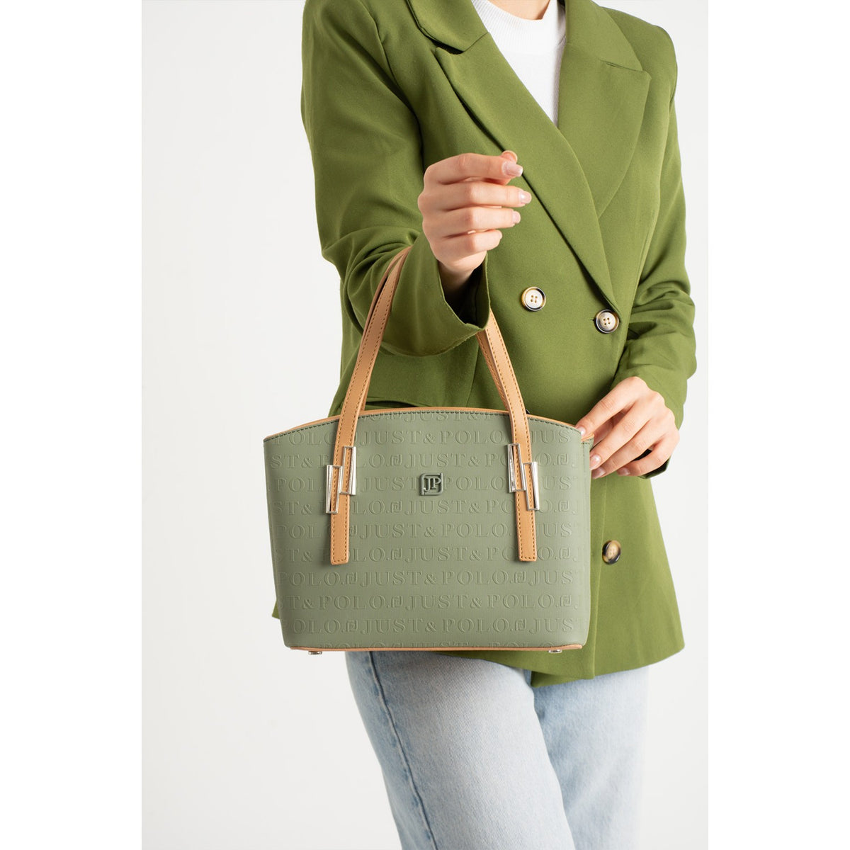 Just Polo Green Women's Embossed Zipper Closure Shoulder and Handbag with Long Adjustable Shoulder Strap Green - MALLTURK