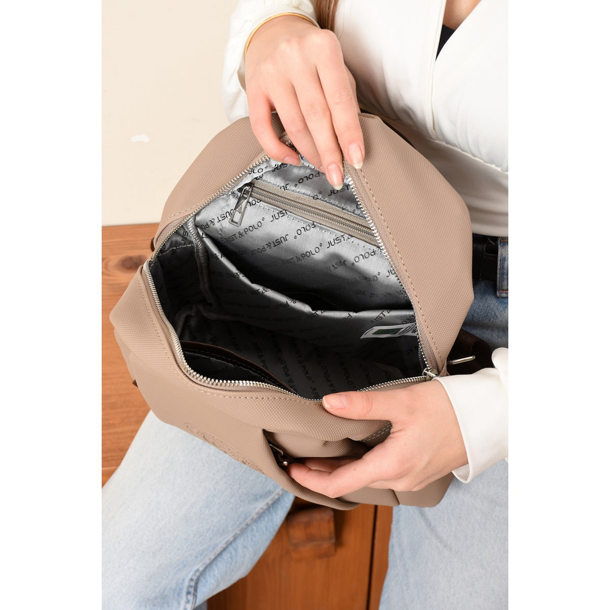 Just Polo Women's Backpack, New Season. Dimensions: Height 31 cm, Width 29 cm. Sand - Brown - MALLTURK