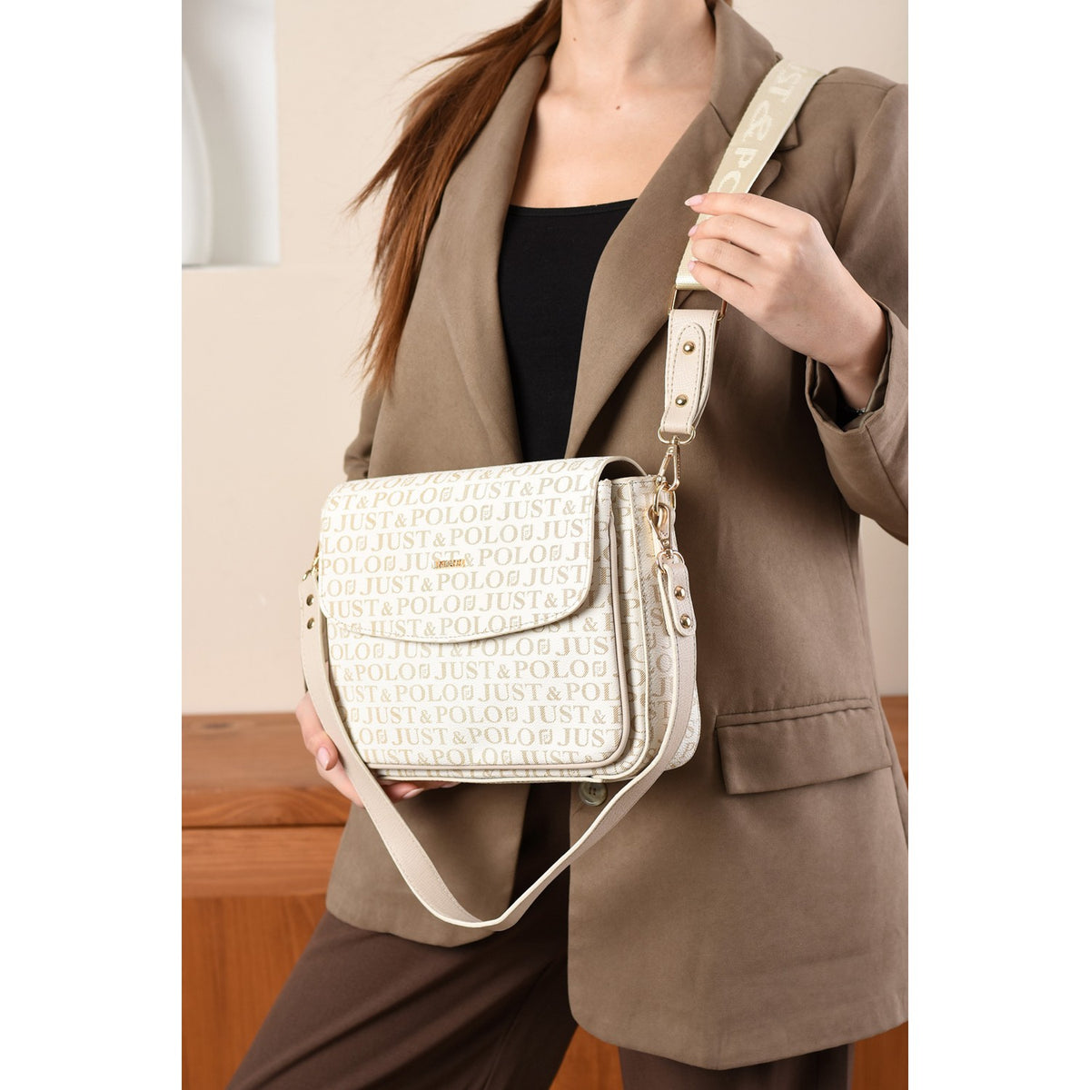 Just Polo Monogram Print Women's Hand and Shoulder Cream Bag - MALLTURK