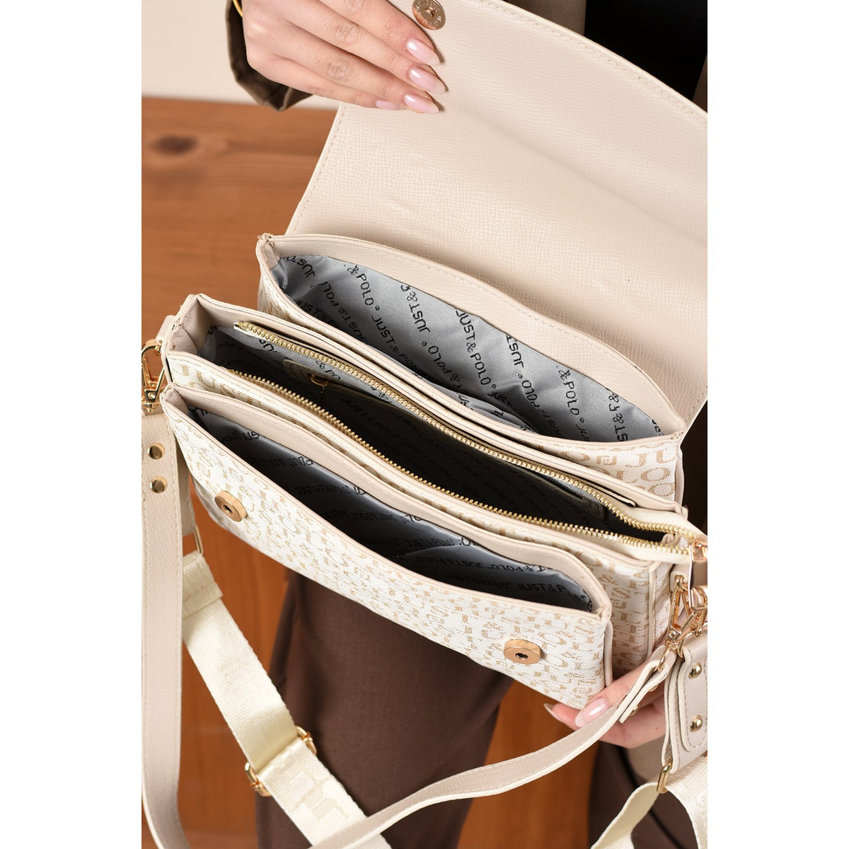 Just Polo Monogram Print Women's Hand and Shoulder Cream Bag - MALLTURK