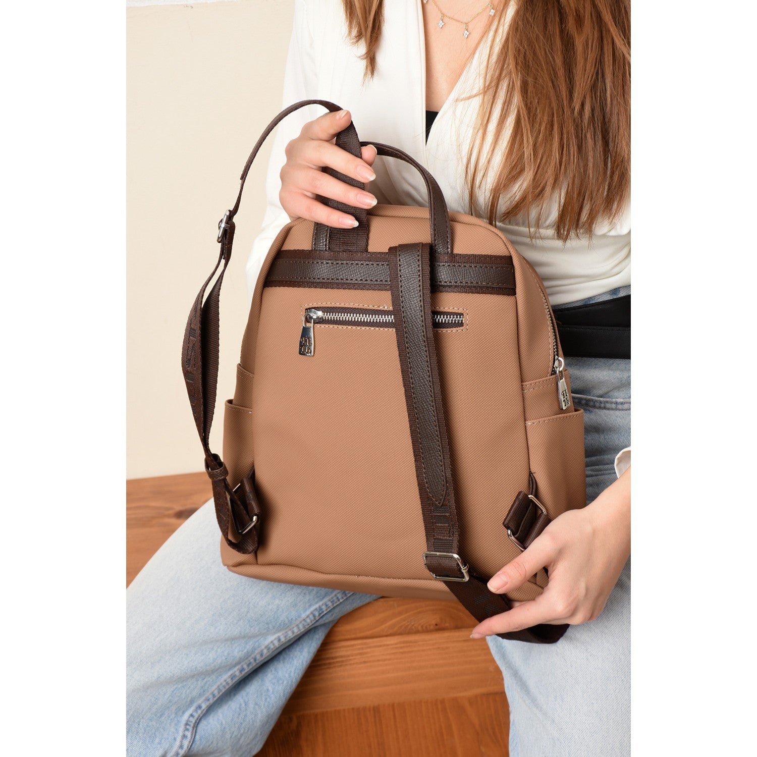 Just Polo Women's Backpack, New Season. Dimensions: Height 31 cm, Width 29 cm. Mink - Brown - MALLTURK