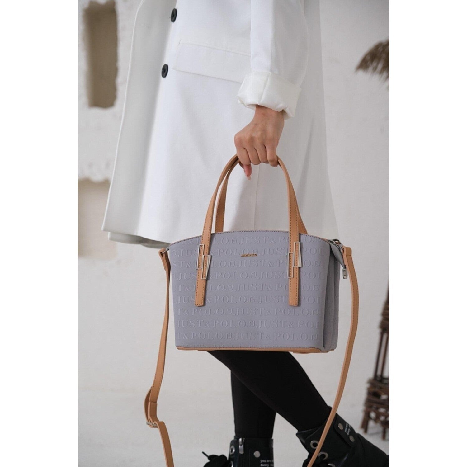 Just Polo Women's Embossed Print Zipper Closure Shoulder and Handbag with Long Adjustable Shoulder Strap Gray - MALLTURK