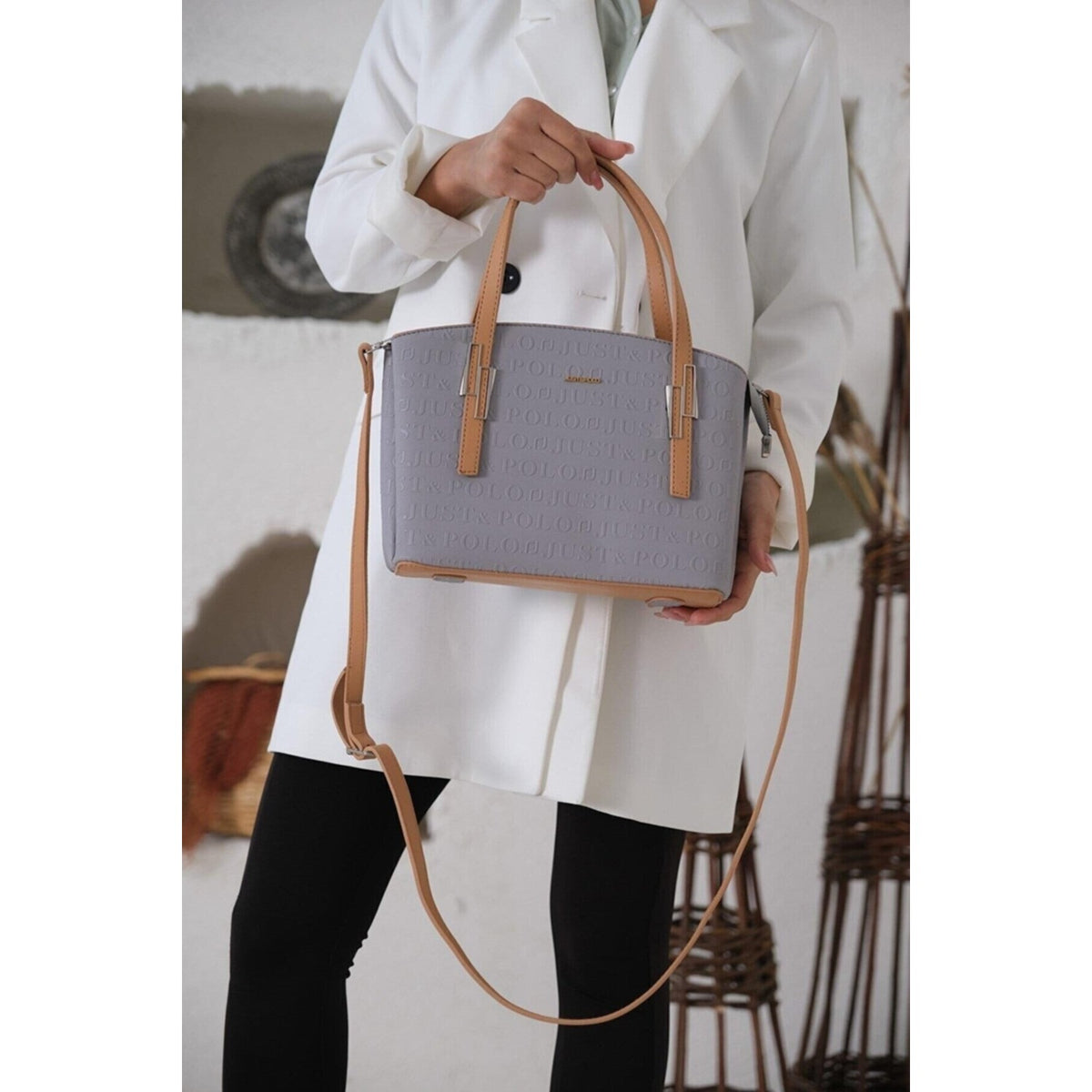 Just Polo Women's Embossed Print Zipper Closure Shoulder and Handbag with Long Adjustable Shoulder Strap Gray - MALLTURK