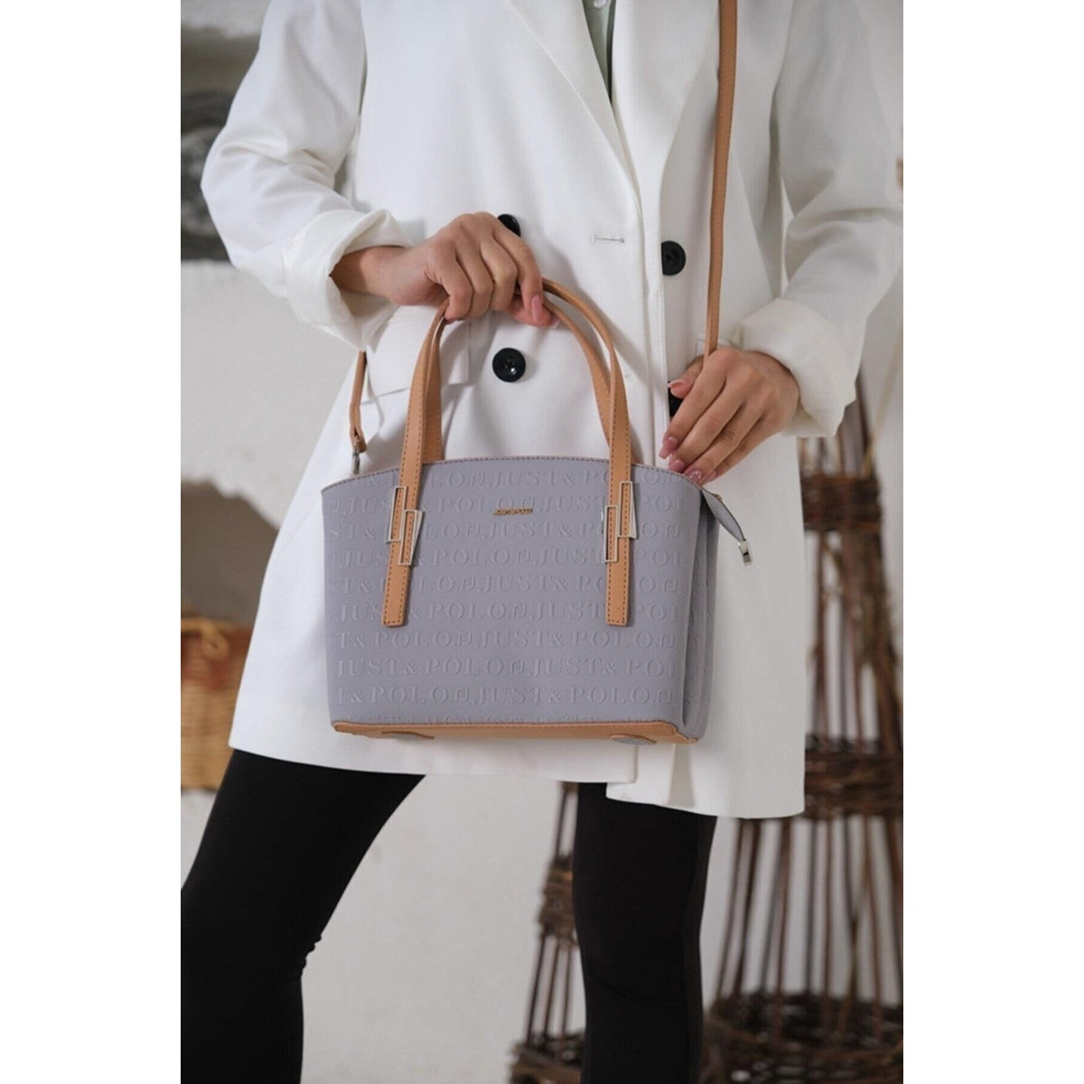 Just Polo Women's Embossed Print Zipper Closure Shoulder and Handbag with Long Adjustable Shoulder Strap Gray - MALLTURK