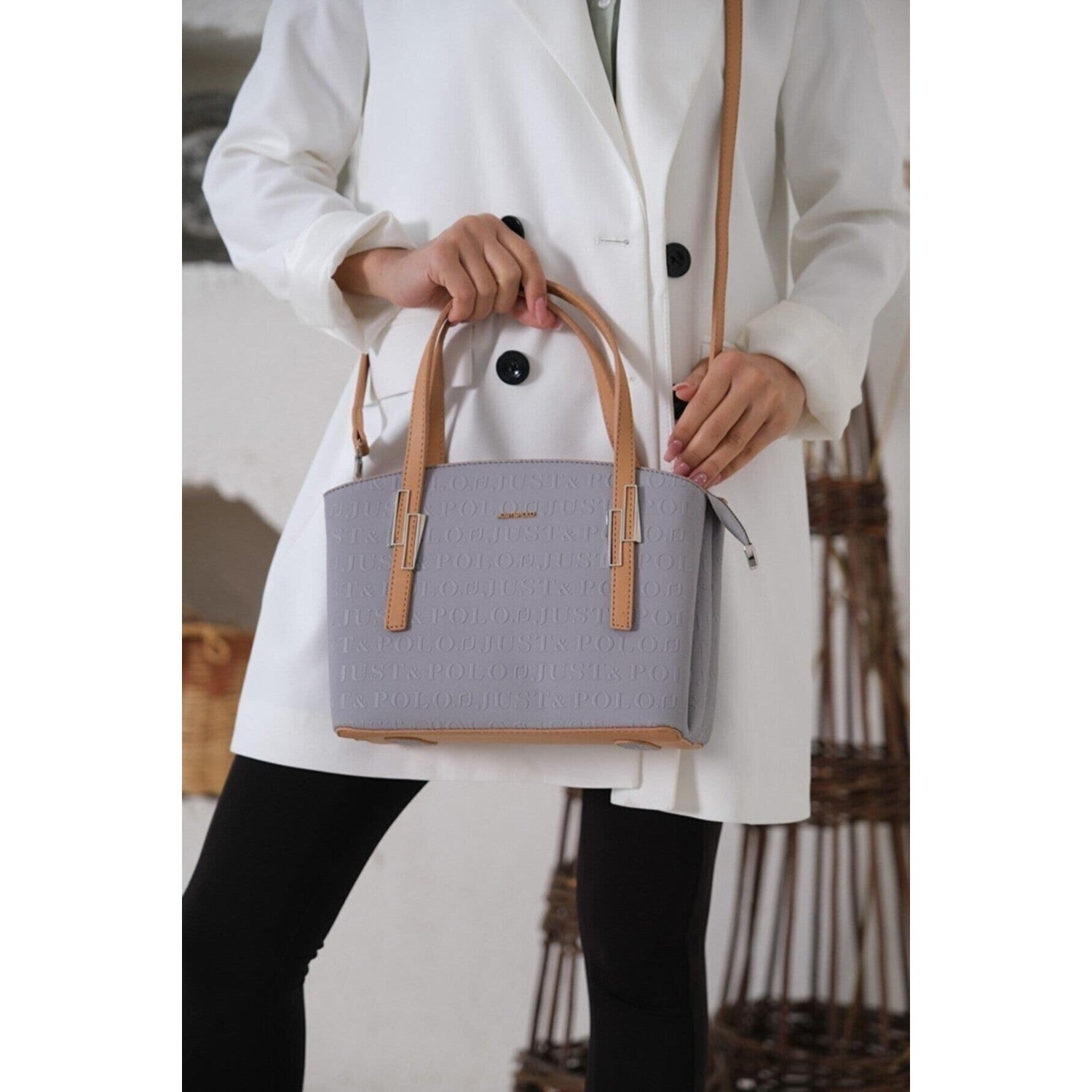 Just Polo Women's Embossed Print Zipper Closure Shoulder and Handbag with Long Adjustable Shoulder Strap Gray - MALLTURK
