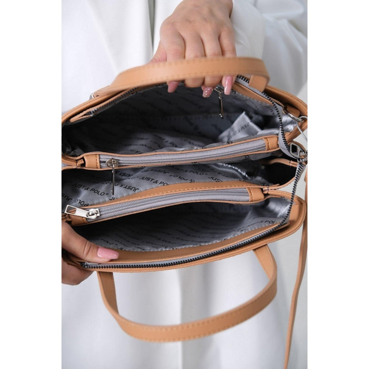 Just Polo Women's Embossed Print Zipper Closure Shoulder and Handbag with Long Adjustable Shoulder Strap Gray - MALLTURK