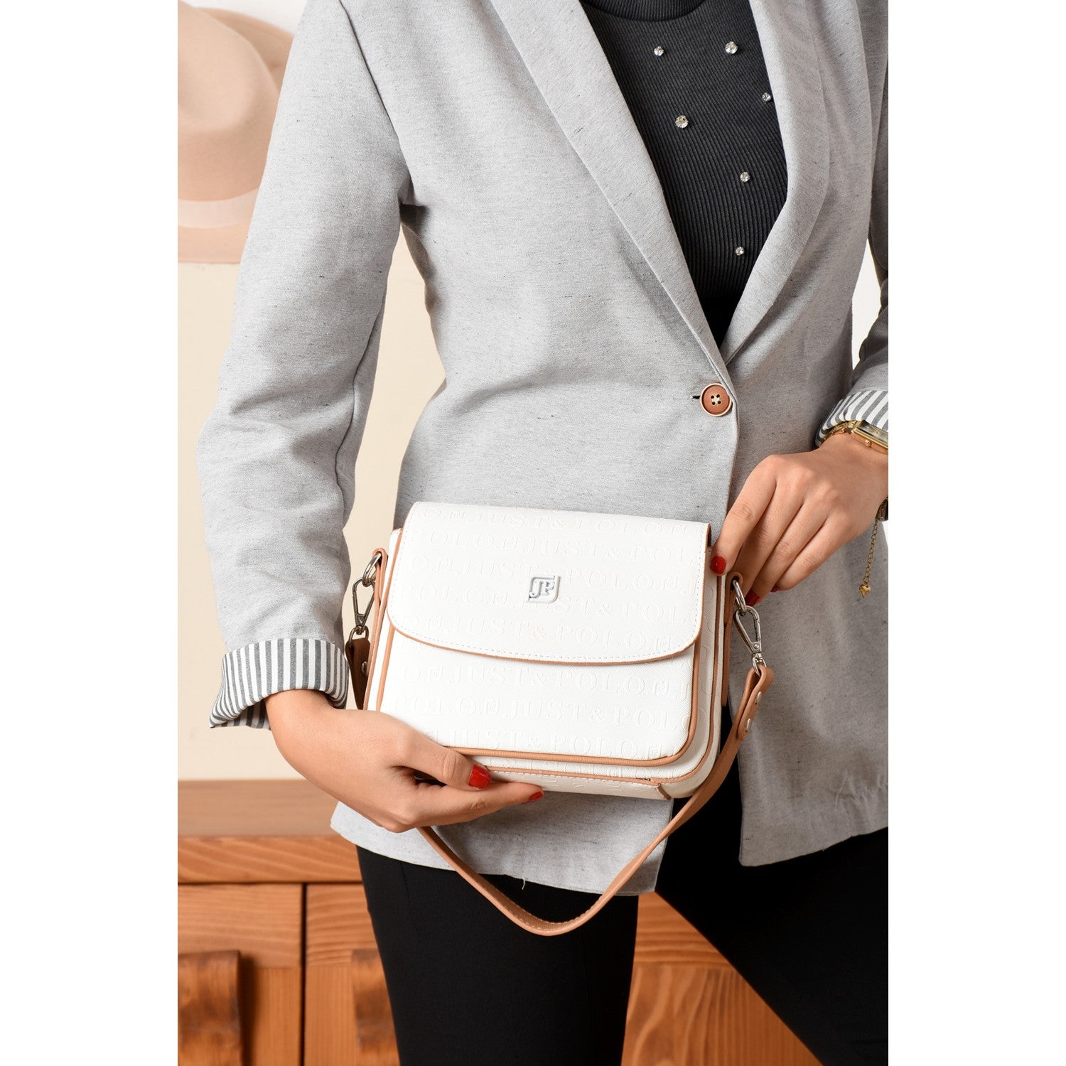 Just Polo Women's Flap Shoulder Bag JPM4041 White Women's Handbag - MALLTURK