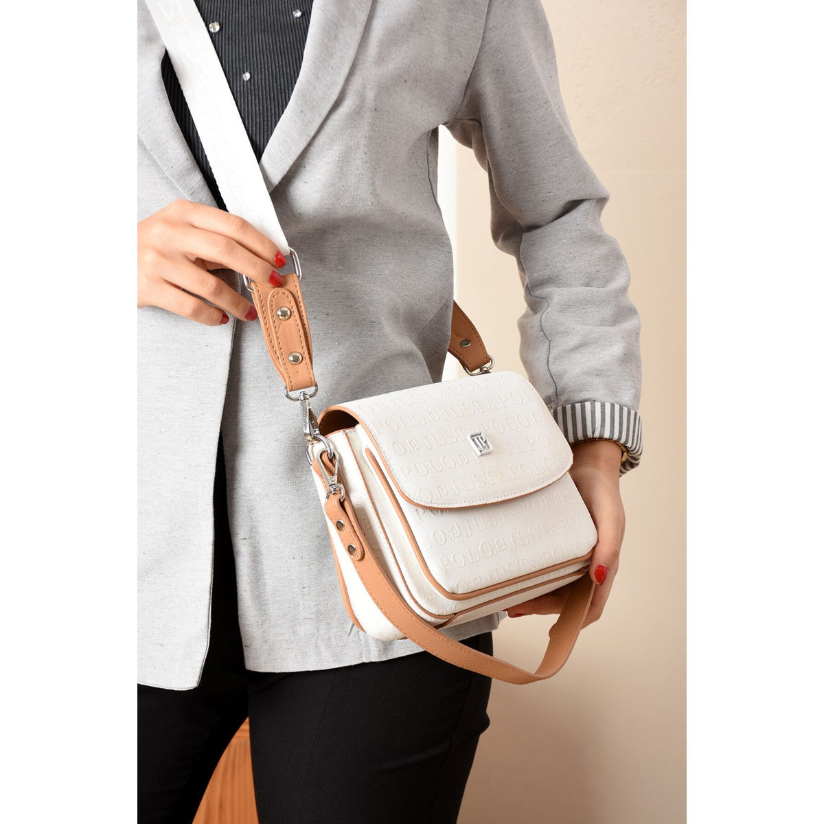 Just Polo Women's Flap Shoulder Bag JPM4041 White Women's Handbag - MALLTURK