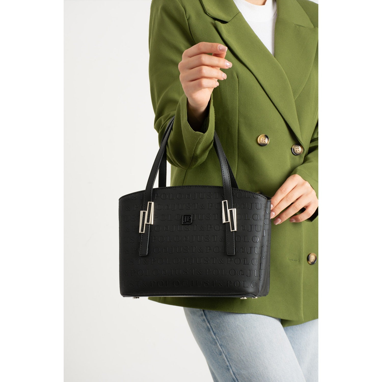 Just Polo Women's Embossed Print Shoulder and Handbag with Long Adjustable Shoulder Strap 4030 Black - Tan - MALLTURK