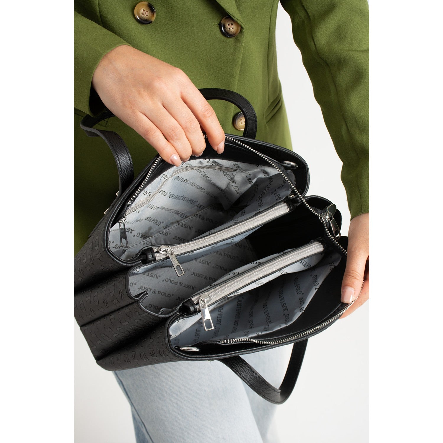 Just Polo Women's Embossed Print Shoulder and Handbag with Long Adjustable Shoulder Strap 4030 Black - Tan - MALLTURK