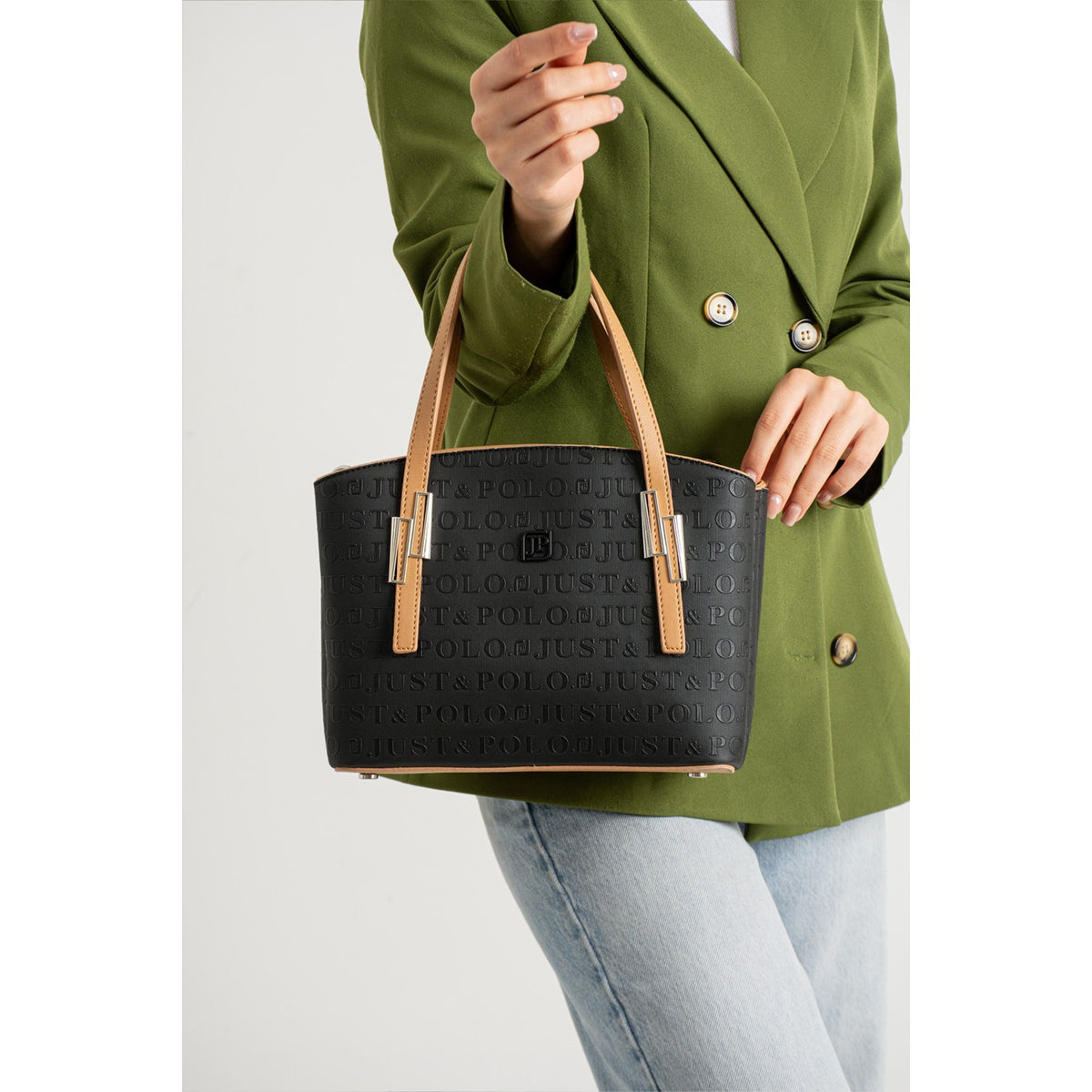 Just Polo Women's Embossed Print Shoulder and Handbag with Long Adjustable Shoulder Strap 4030 Black - Tan - MALLTURK