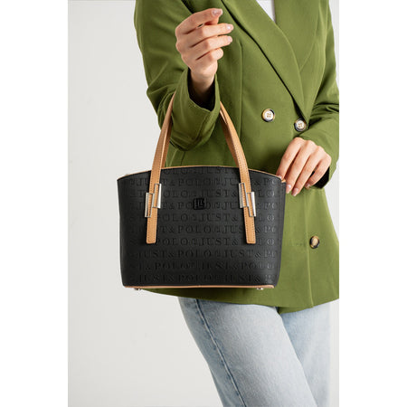 Just Polo Women's Embossed Print Shoulder and Handbag with Long Adjustable Shoulder Strap 4030 Black - Tan - MALLTURK