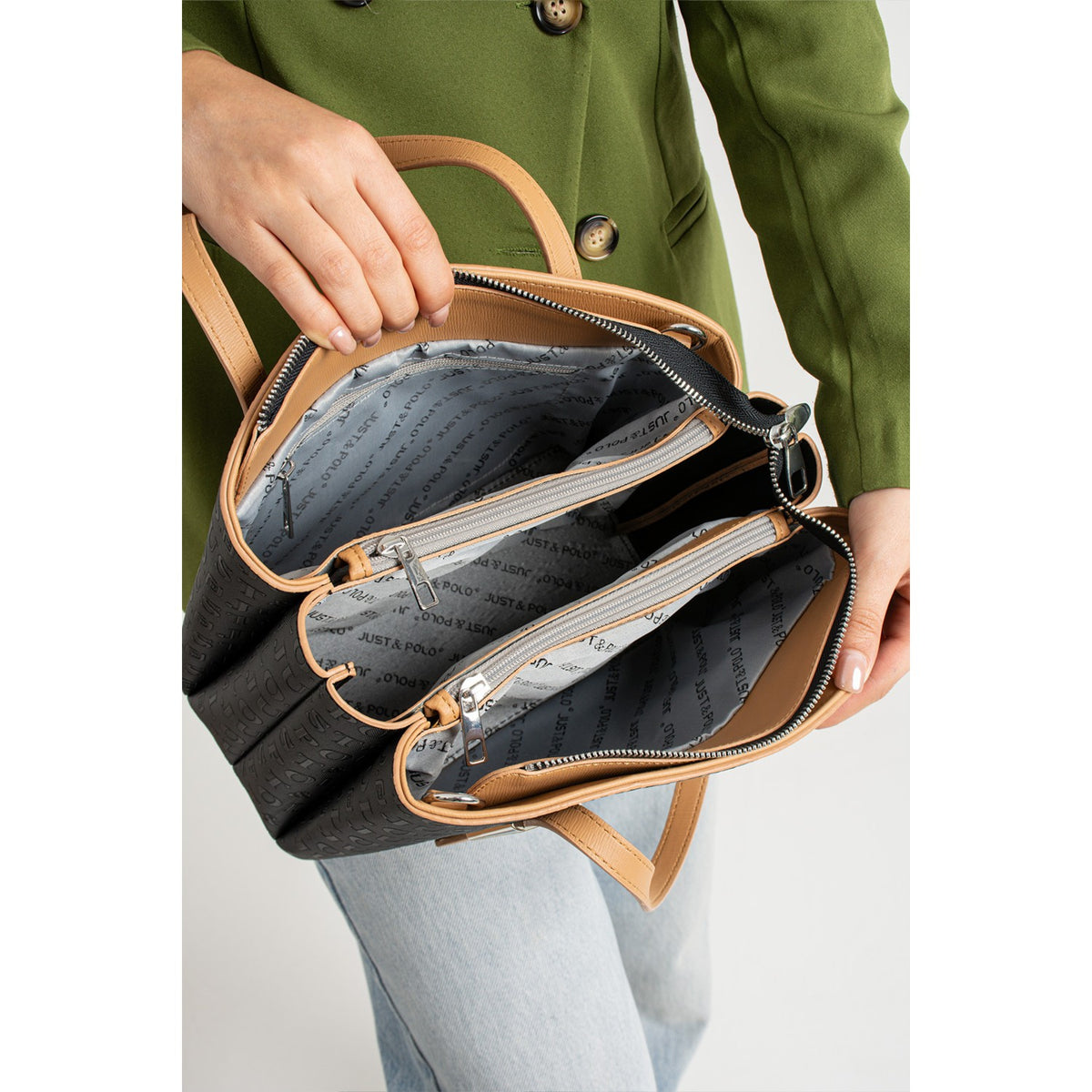 Just Polo Women's Embossed Print Shoulder and Handbag with Long Adjustable Shoulder Strap 4030 Black - Tan - MALLTURK