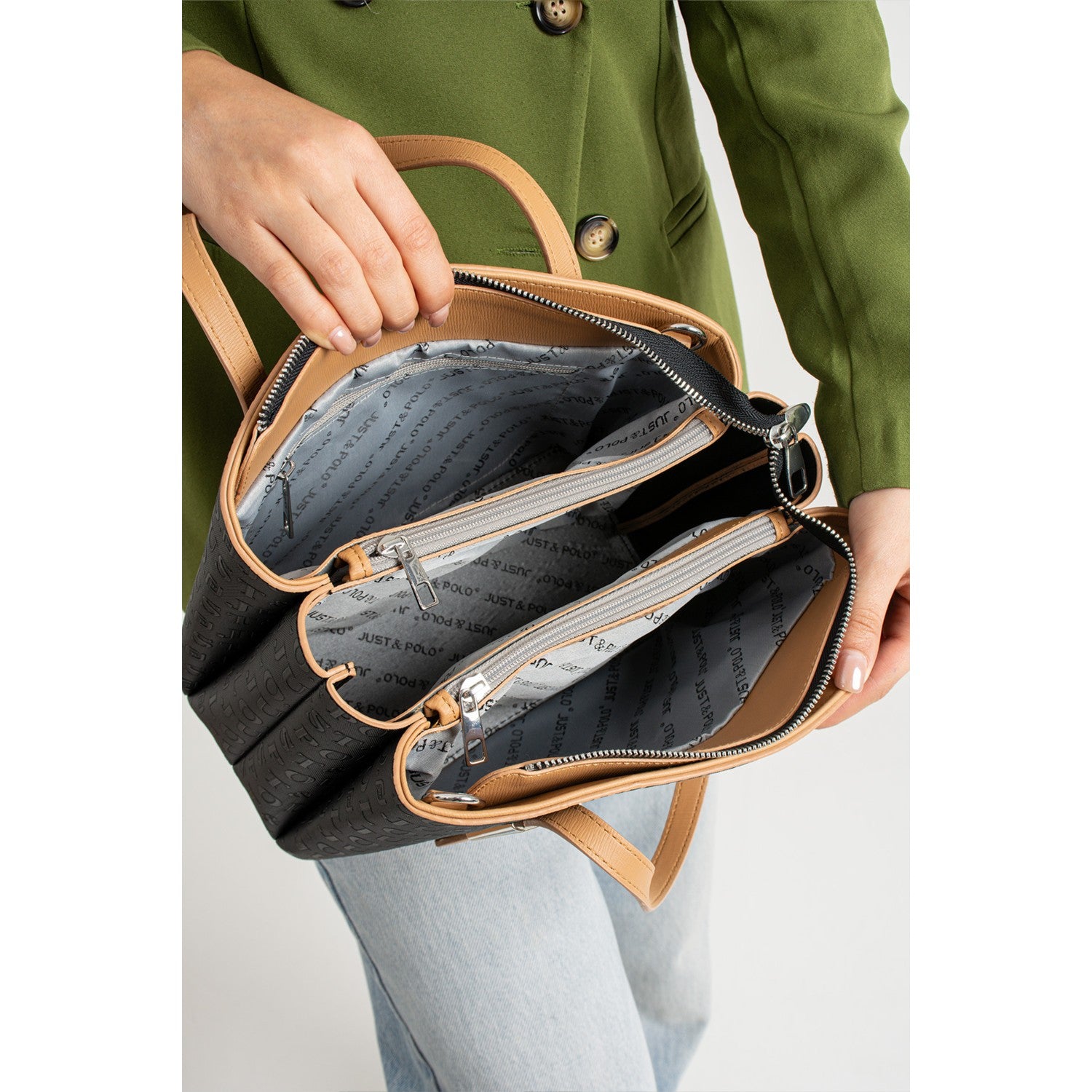Just Polo Women's Embossed Print Shoulder and Handbag with Long Adjustable Shoulder Strap 4030 Black - Tan - MALLTURK