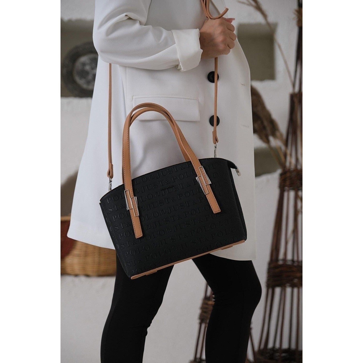 Just Polo Women's Embossed Print Shoulder and Handbag with Long Adjustable Shoulder Strap 4030 Black - Tan - MALLTURK