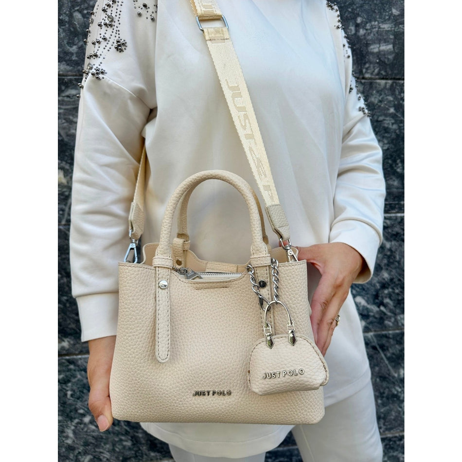 Just Polo Original Women's New Season 3-Compartment Luxury Soft Leather Adjustable Crossbody Stylish Shoulder Bag Cream - MALLTURK