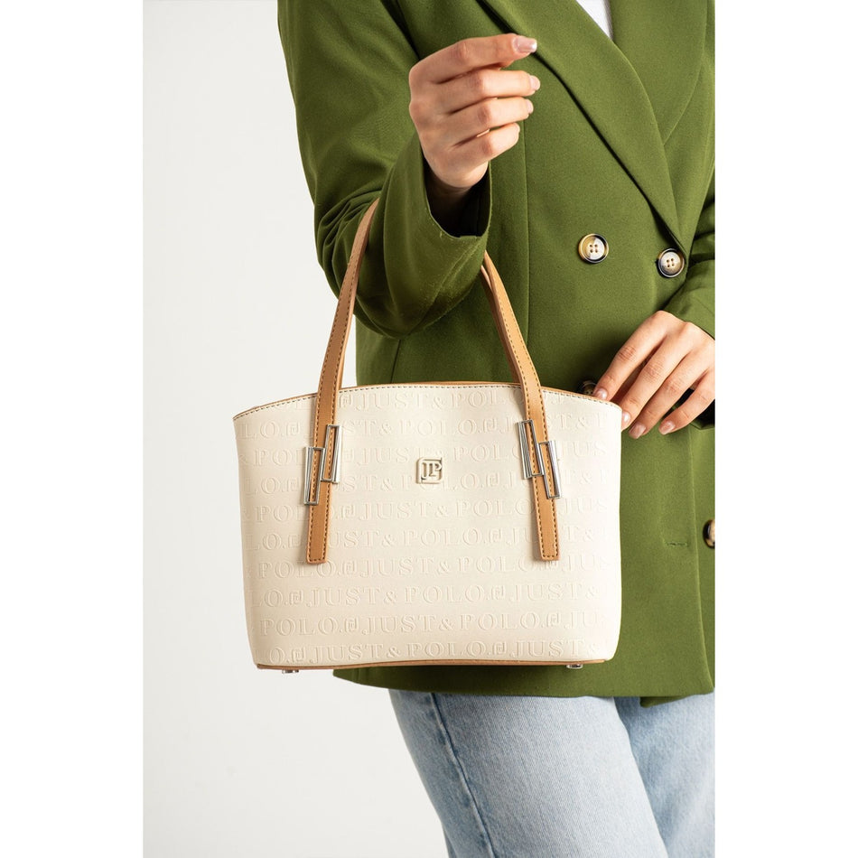 Just Polo Women's Embossed Print Shoulder and Handbag with Long Adjustable Shoulder Strap 4030 Cream - Tan - MALLTURK
