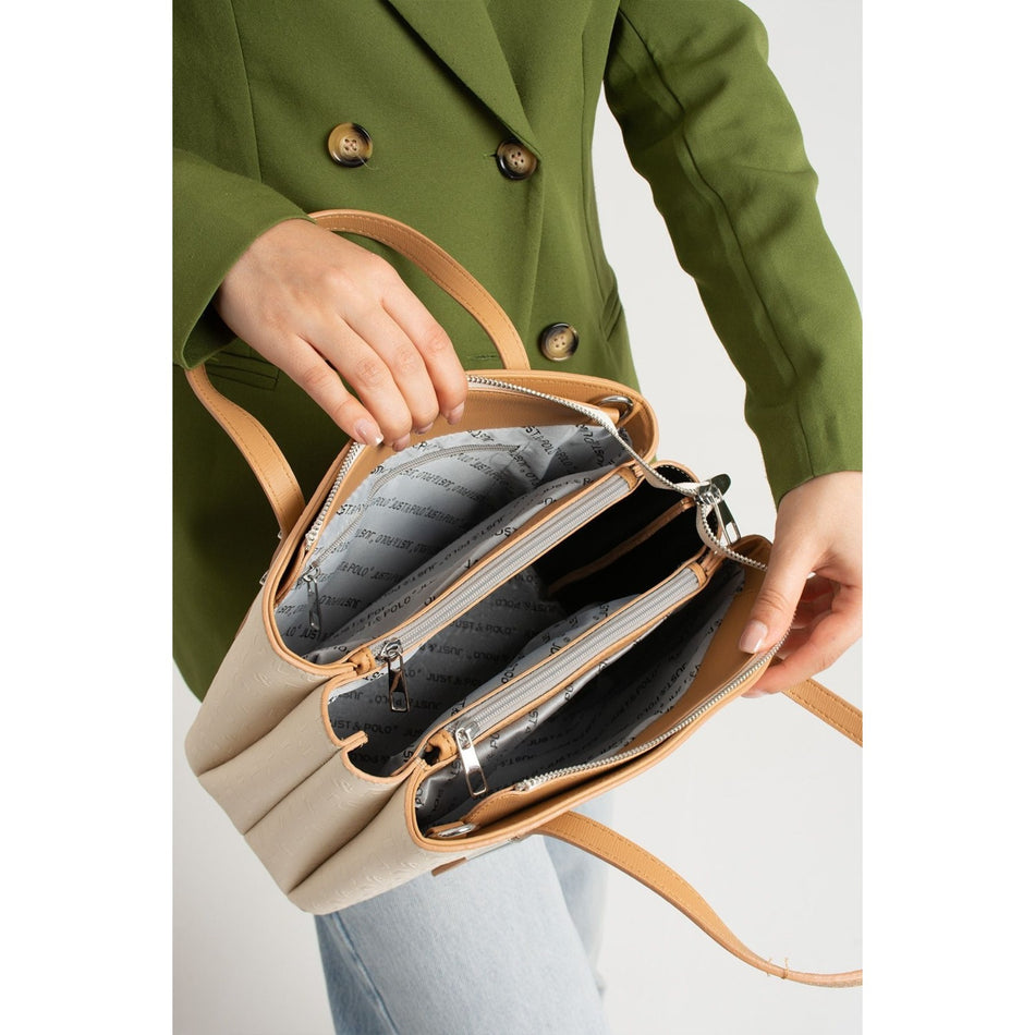 Just Polo Women's Embossed Print Shoulder and Handbag with Long Adjustable Shoulder Strap 4030 Cream - Tan - MALLTURK