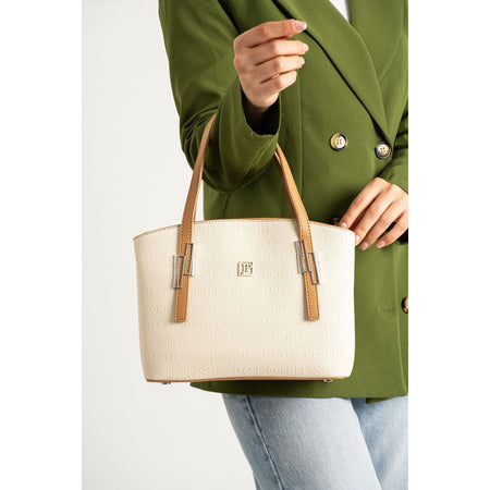 Just Polo Women's Embossed Print Shoulder and Handbag with Long Adjustable Shoulder Strap 4030 Cream - Tan - MALLTURK