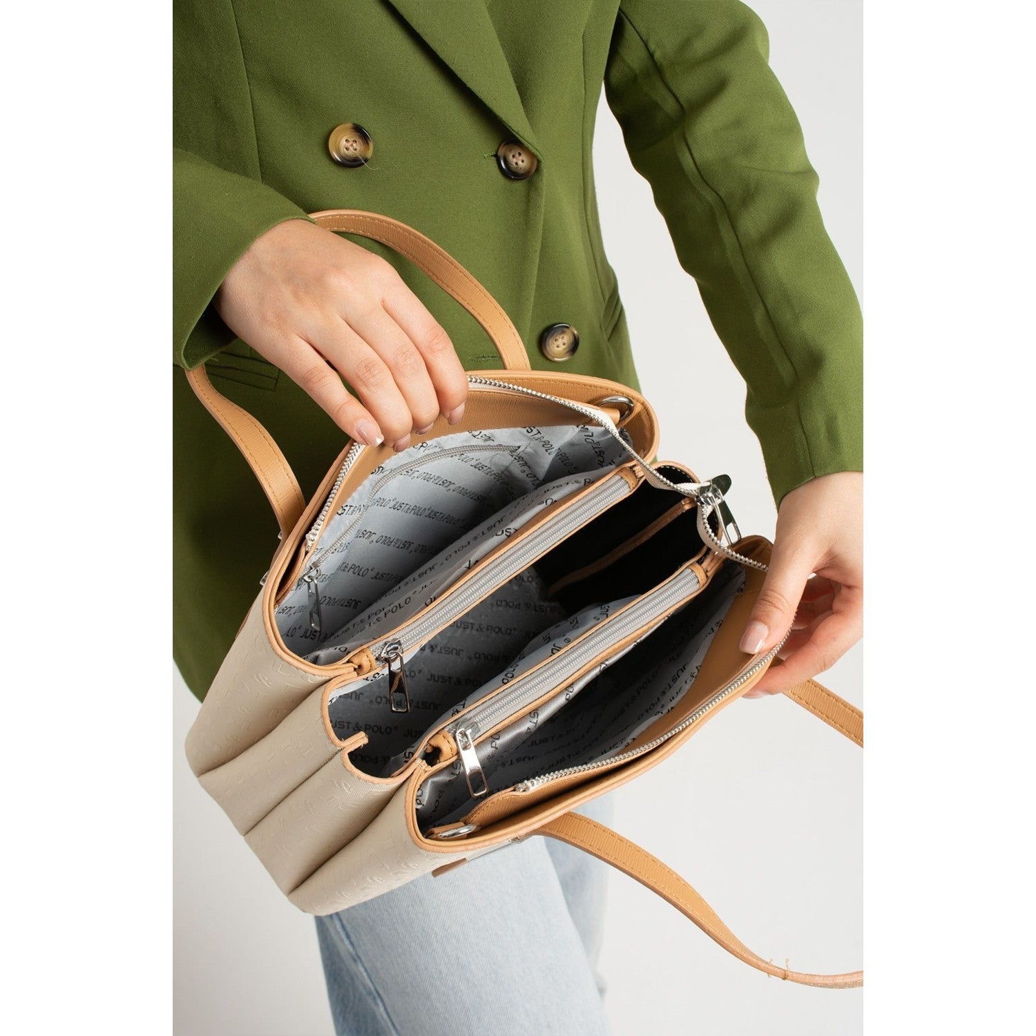 Just Polo Women's Embossed Print Shoulder and Handbag with Long Adjustable Shoulder Strap 4030 Cream - Tan - MALLTURK