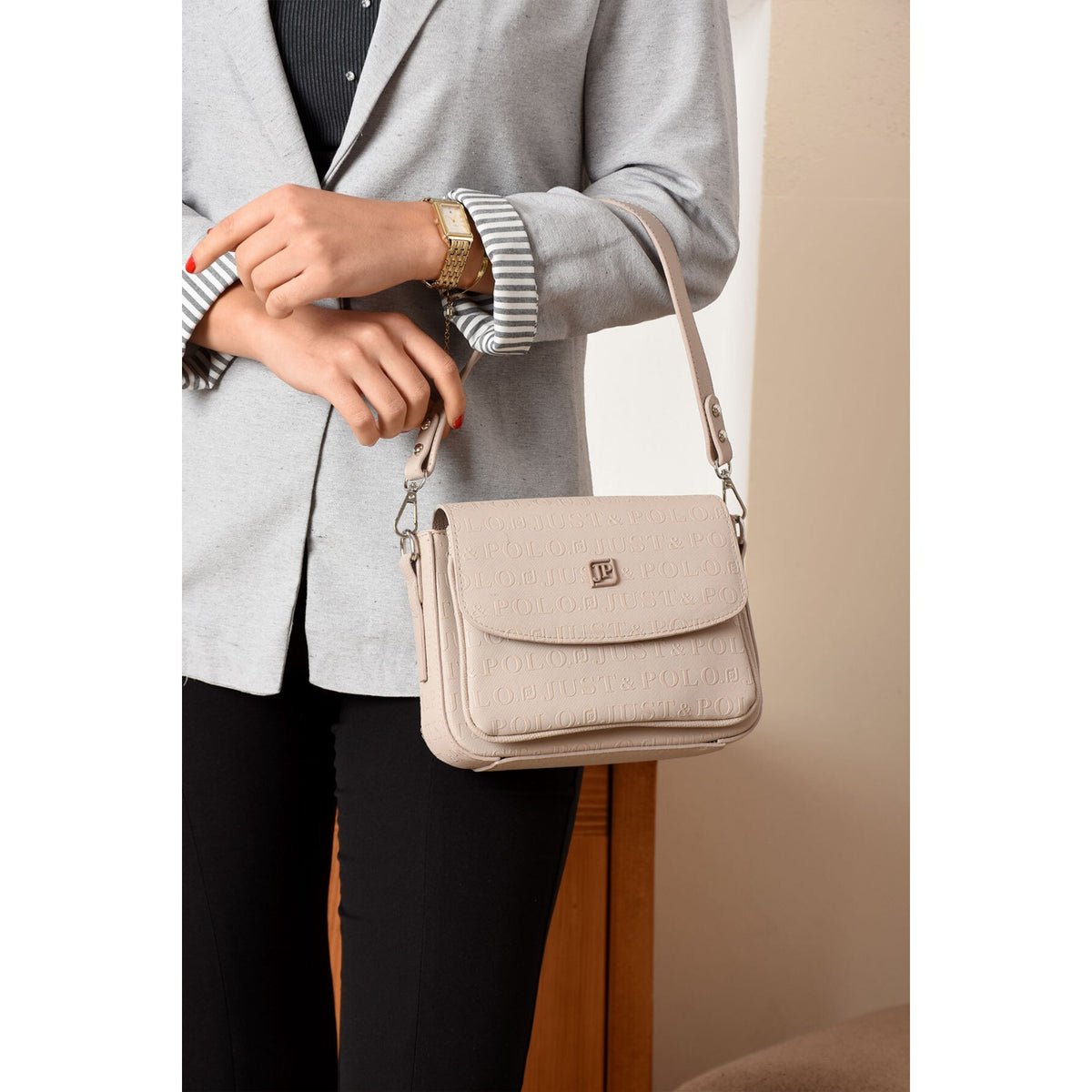 Just Polo Women's Flap Shoulder Bag JPM4041 Stone - MALLTURK