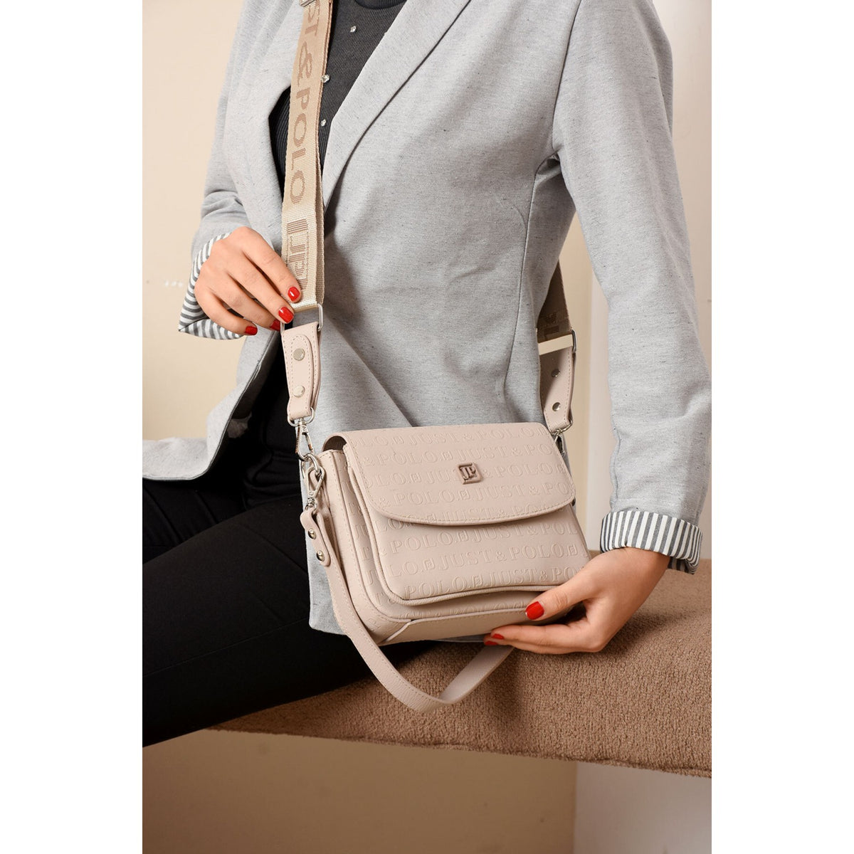 Just Polo Women's Flap Shoulder Bag JPM4041 Stone - MALLTURK