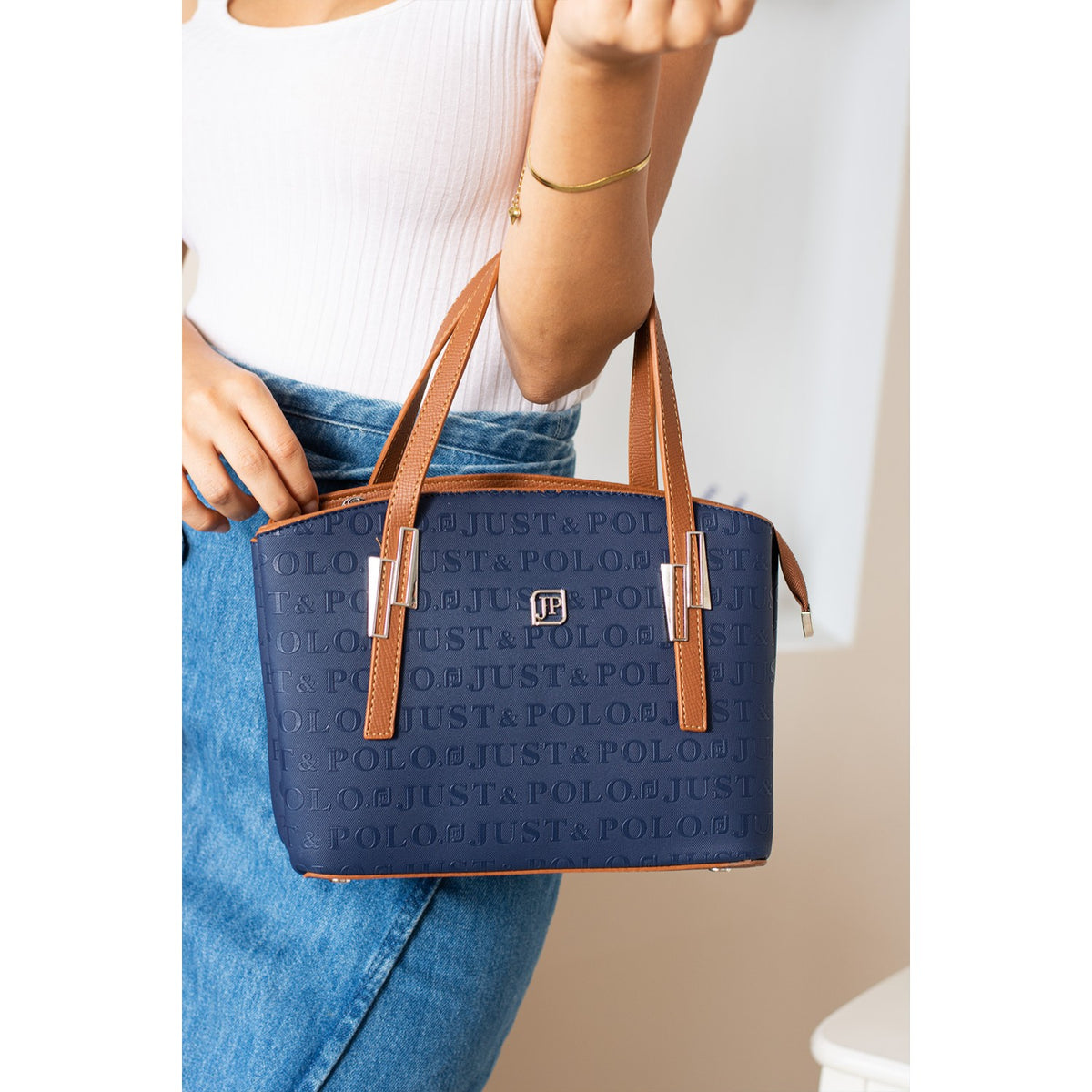 Just Polo Women's Embossed Print Shoulder and Handbag with Long Adjustable Shoulder Strap 4030 Navy Blue - MALLTURK