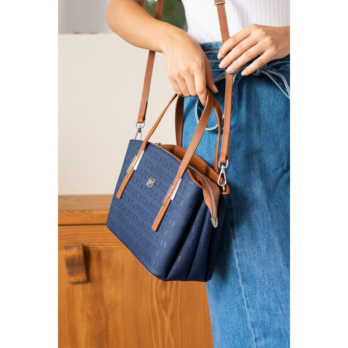 Just Polo Women's Embossed Print Shoulder and Handbag with Long Adjustable Shoulder Strap 4030 Navy Blue - MALLTURK
