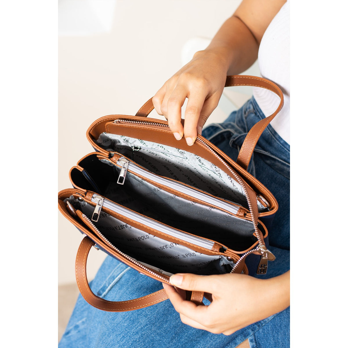 Just Polo Women's Embossed Print Shoulder and Handbag with Long Adjustable Shoulder Strap 4030 Navy Blue - MALLTURK