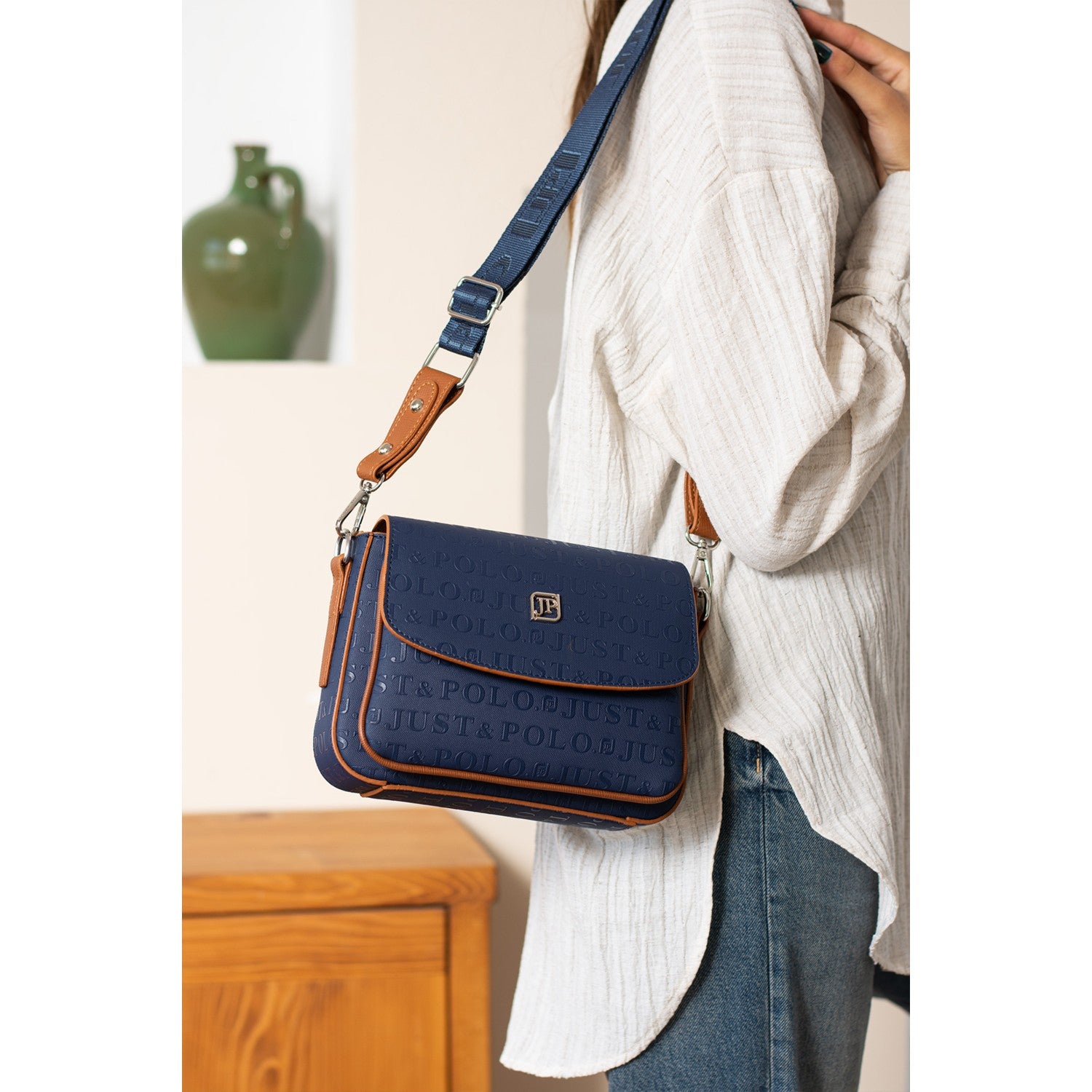 Just Polo Women's Flap Shoulder Bag JPM4041 Navy Blue - MALLTURK