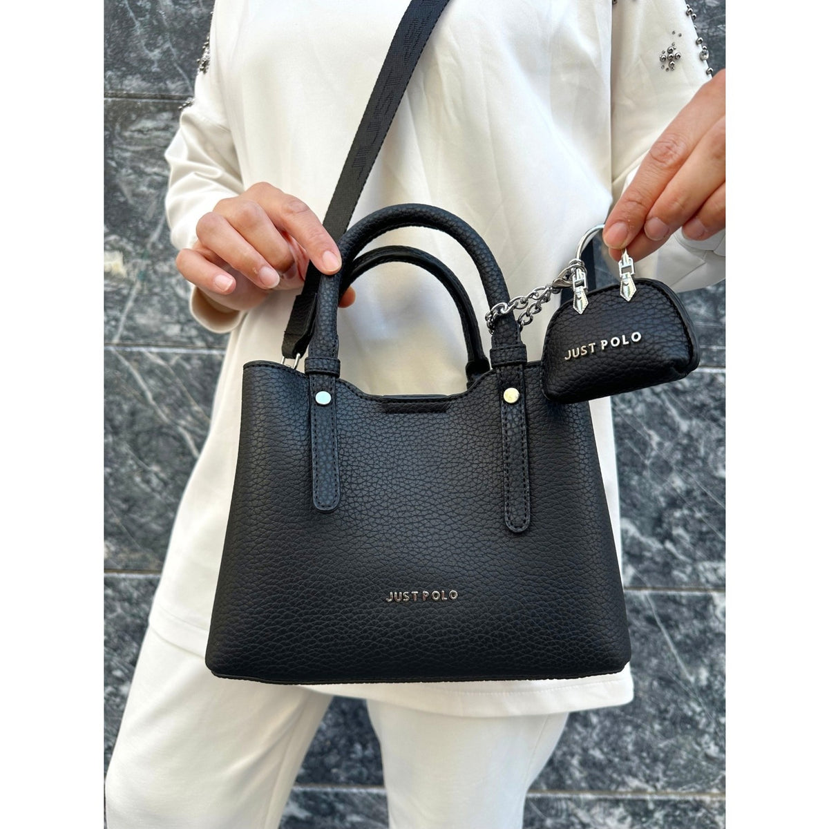 Just Polo Original Women's New Season 3-Compartment Luxury Soft Leather Adjustable Crossbody Stylish Shoulder Bag Black - MALLTURK