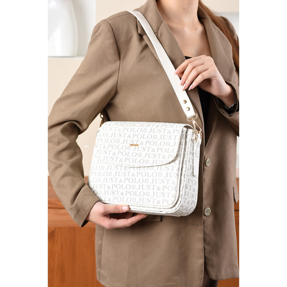 Just Polo Monogram Print Women's Hand and Shoulder Bag White - MALLTURK