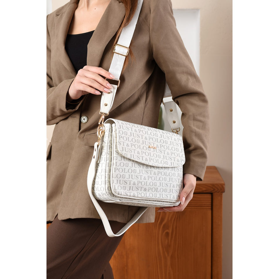 Just Polo Monogram Print Women's Hand and Shoulder Bag White - MALLTURK