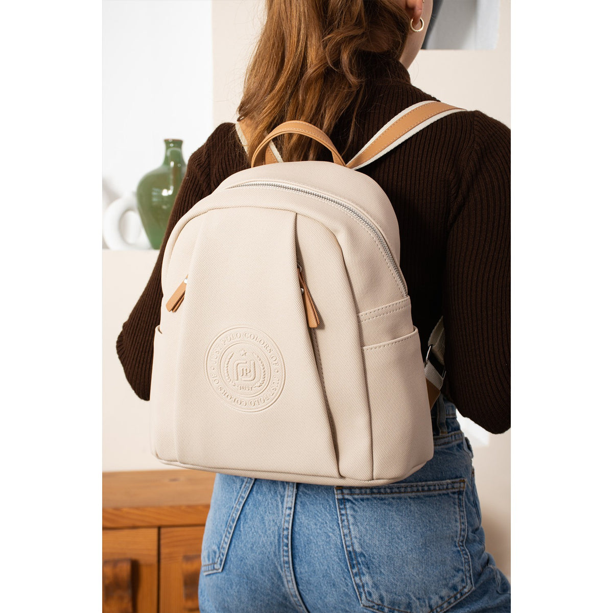 Just Polo Women's Backpack, New Season. Dimensions: Height 31 cm, Width 29 cm. Cream - Tan - MALLTURK