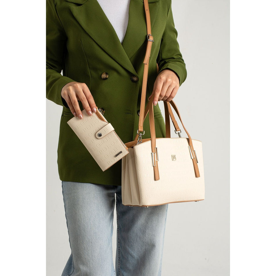 Just Polo Cream Women's Embossed Print Shoulder and Handbag with Long Adjustable Shoulder Strap 4030 - MALLTURK