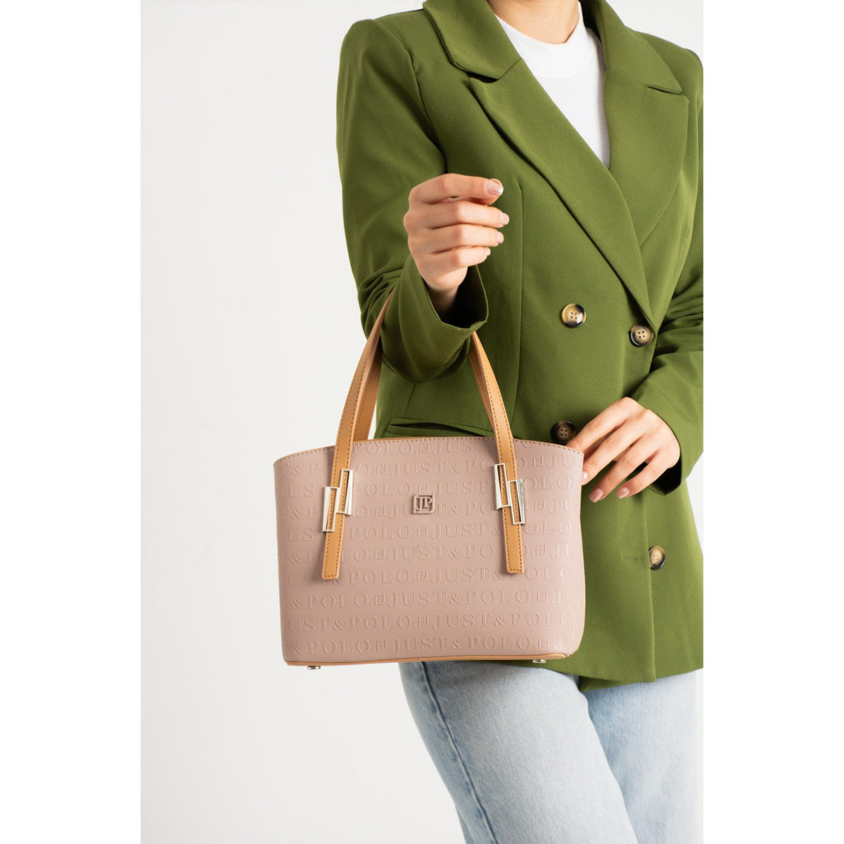 Just Polo Women's Embossed Print Shoulder and Handbag with Long Adjustable Shoulder Strap 4030 Mink - MALLTURK