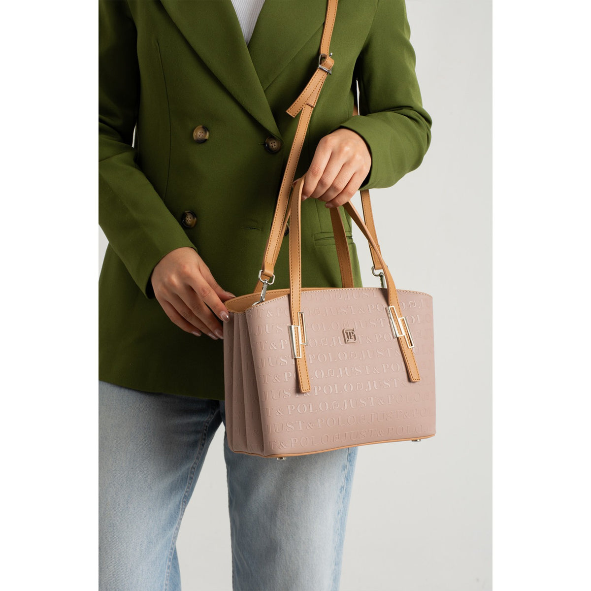 Just Polo Women's Embossed Print Shoulder and Handbag with Long Adjustable Shoulder Strap 4030 Mink - MALLTURK