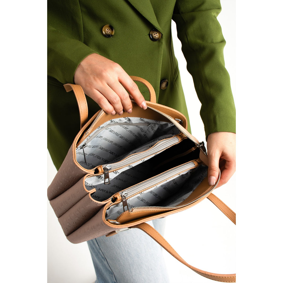 Just Polo Women's Embossed Print Shoulder and Handbag with Long Adjustable Shoulder Strap 4030 Mink - MALLTURK