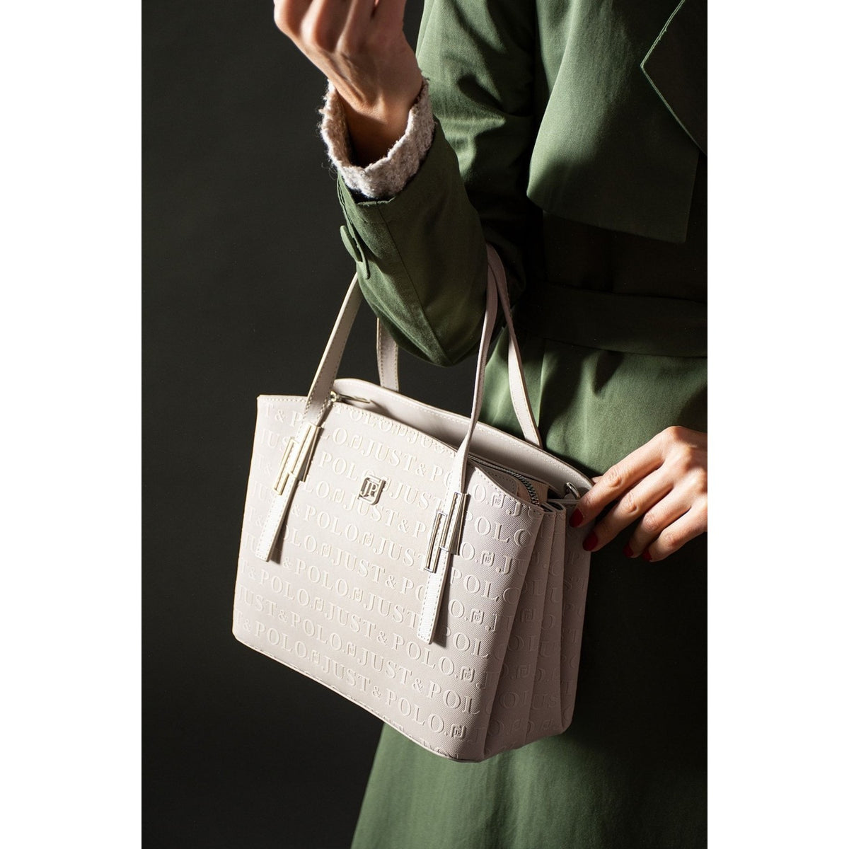 Just Polo Women's Embossed Print Shoulder and Handbag with Long Adjustable Shoulder Strap 4030 Stone - MALLTURK