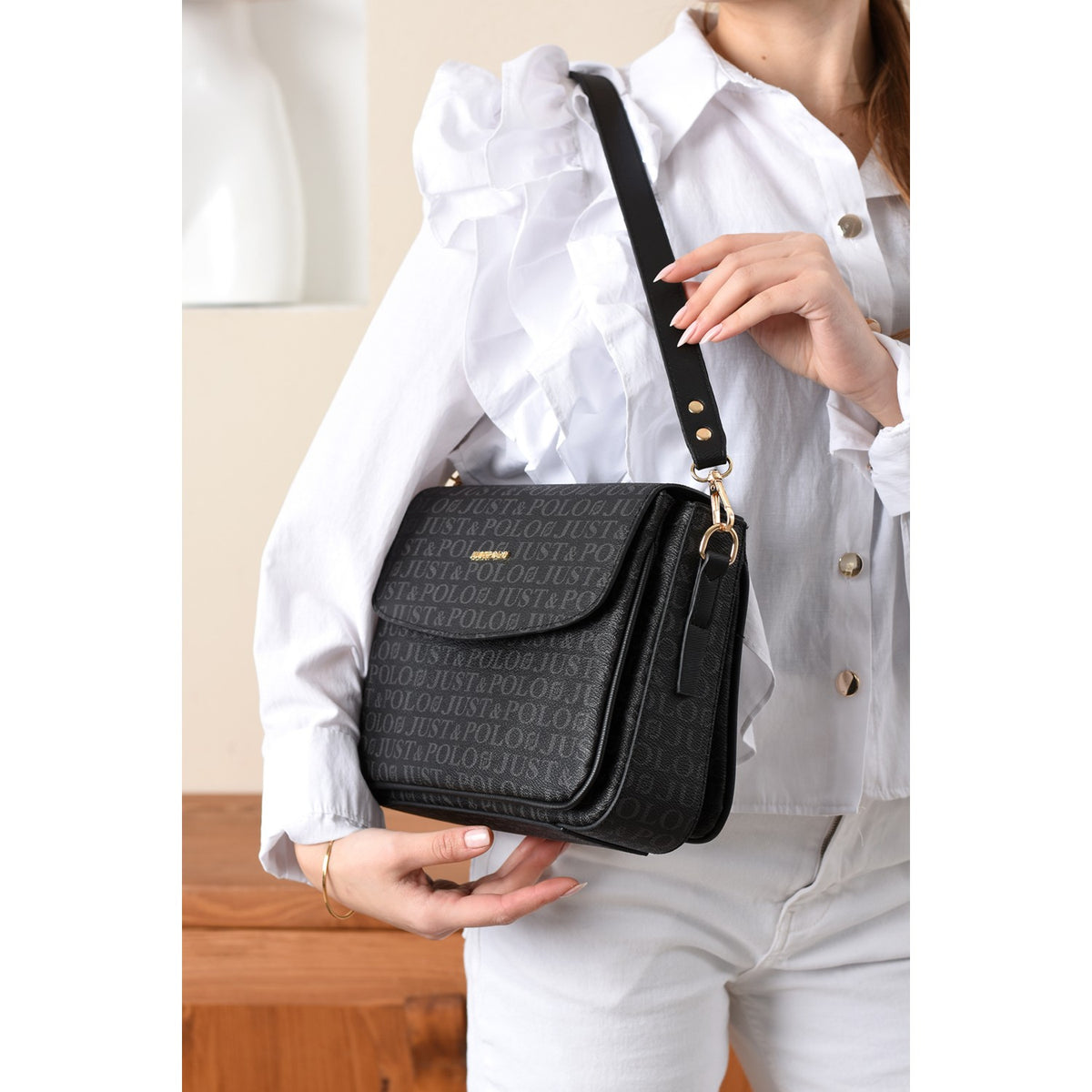 Just Polo Black Monogram Print Women's Hand and Shoulder Bag - MALLTURK