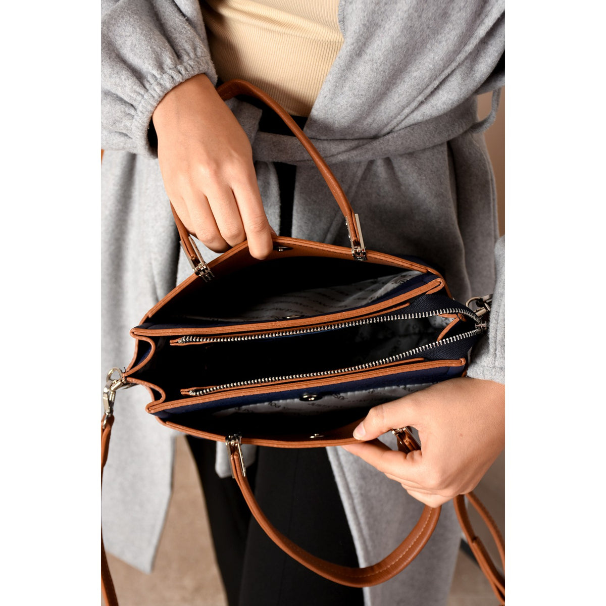 Just Polo Women's Navy, Tan, and Camel 5-Compartment Embossed Hand and Shoulder Bag JPM4045 Women's Handbag - MALLTURK