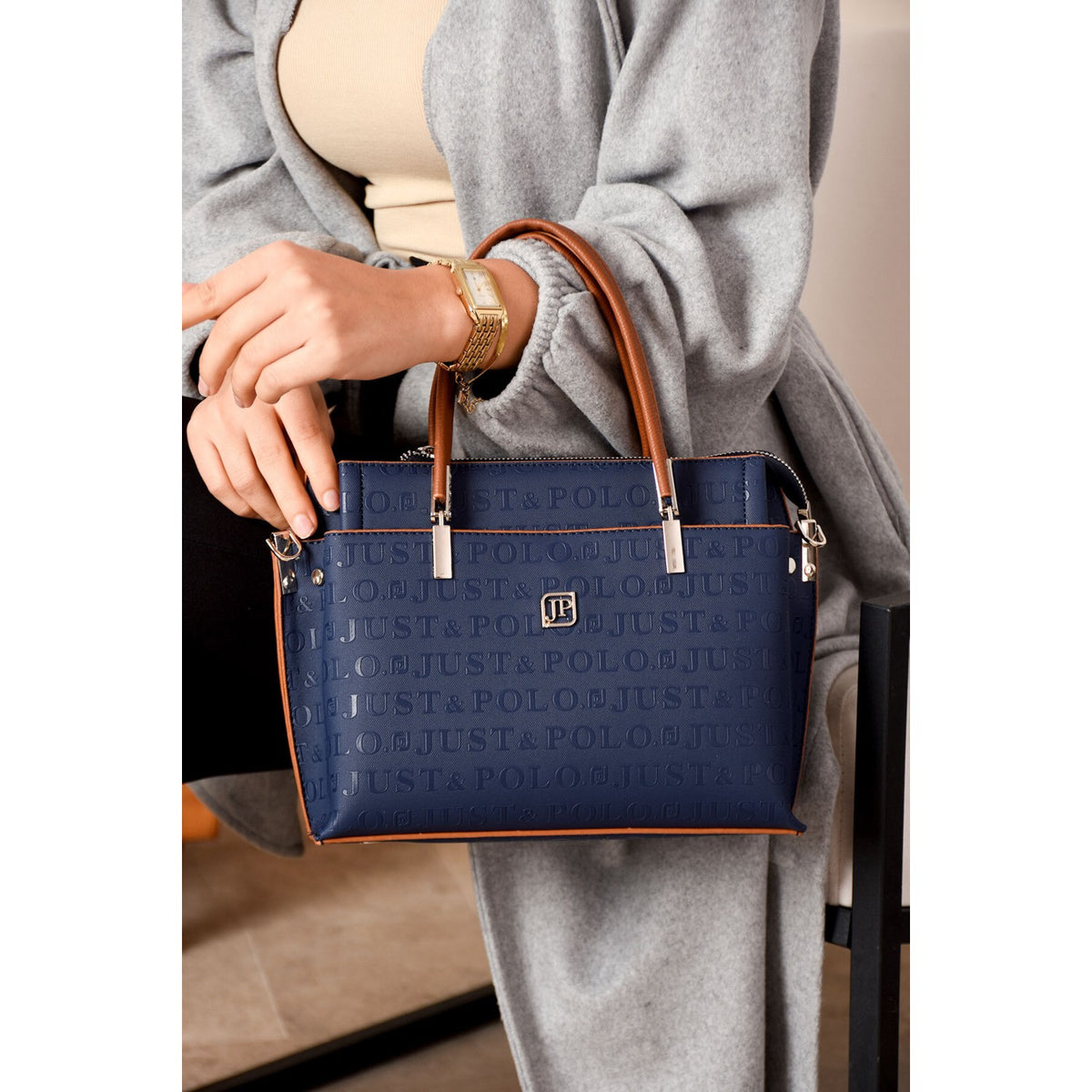 Just Polo Women's Navy, Tan, and Camel 5-Compartment Embossed Hand and Shoulder Bag JPM4045 Women's Handbag - MALLTURK