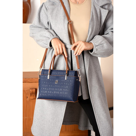 Just Polo Women's Navy, Tan, and Camel 5-Compartment Embossed Hand and Shoulder Bag JPM4045 Women's Handbag - MALLTURK