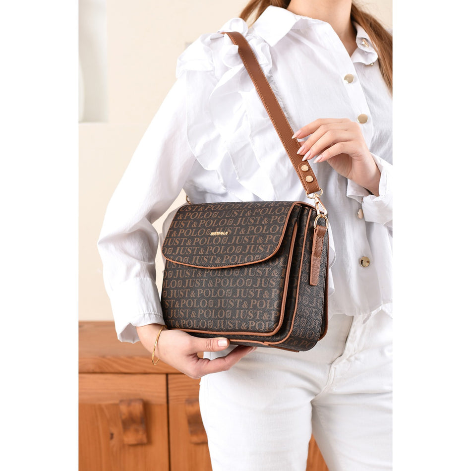 Just Polo Monogram Print Women's Hand and Shoulder Bag Brown Color - MALLTURK
