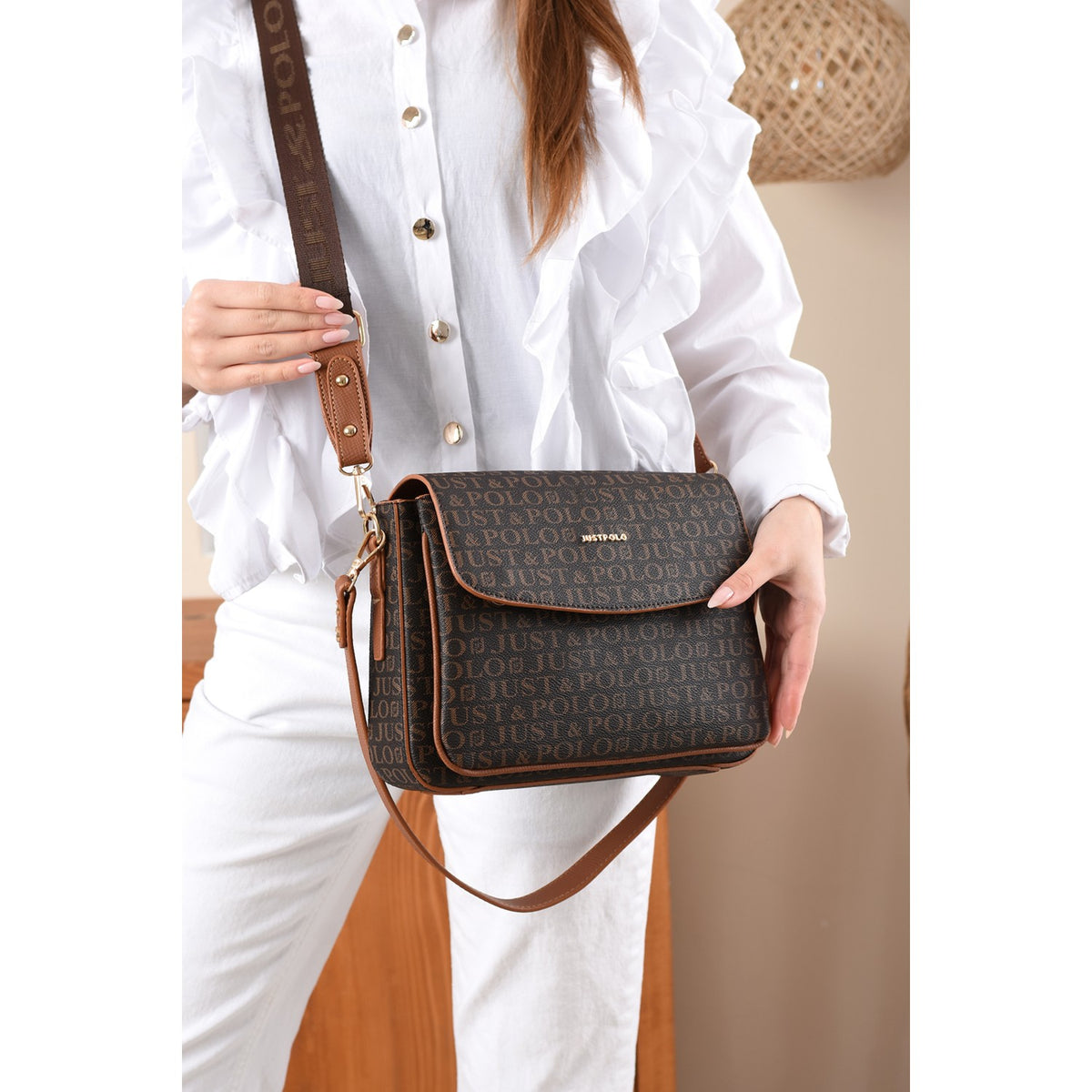 Just Polo Monogram Print Women's Hand and Shoulder Bag Brown Color - MALLTURK